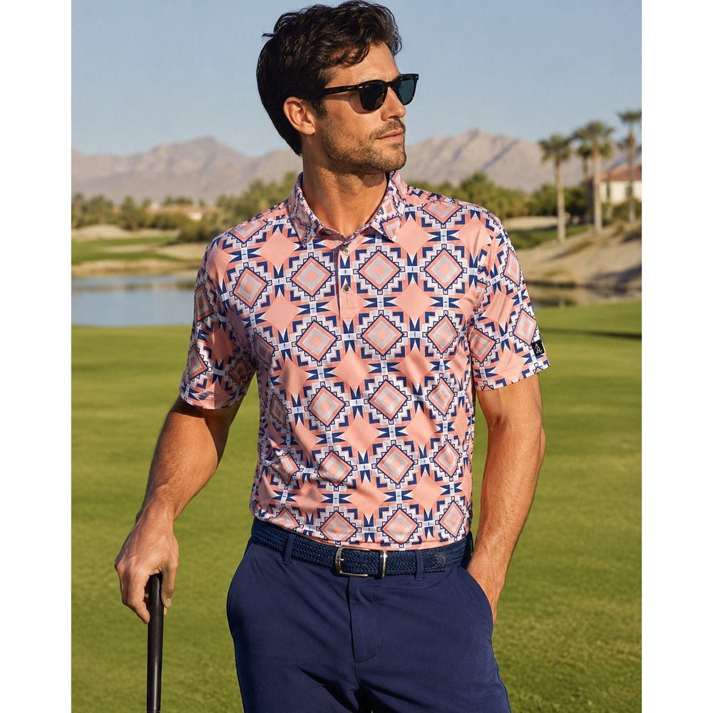 NWT Deolax Polo Shirt Mens 2XL Orange Geometric Stretch Performance Golf